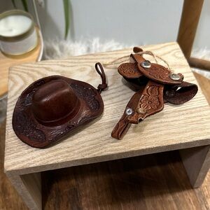 Western Brown‎ Tooled Leather Cowboy Hat & Saddle Christmas Ornaments Set Of 2